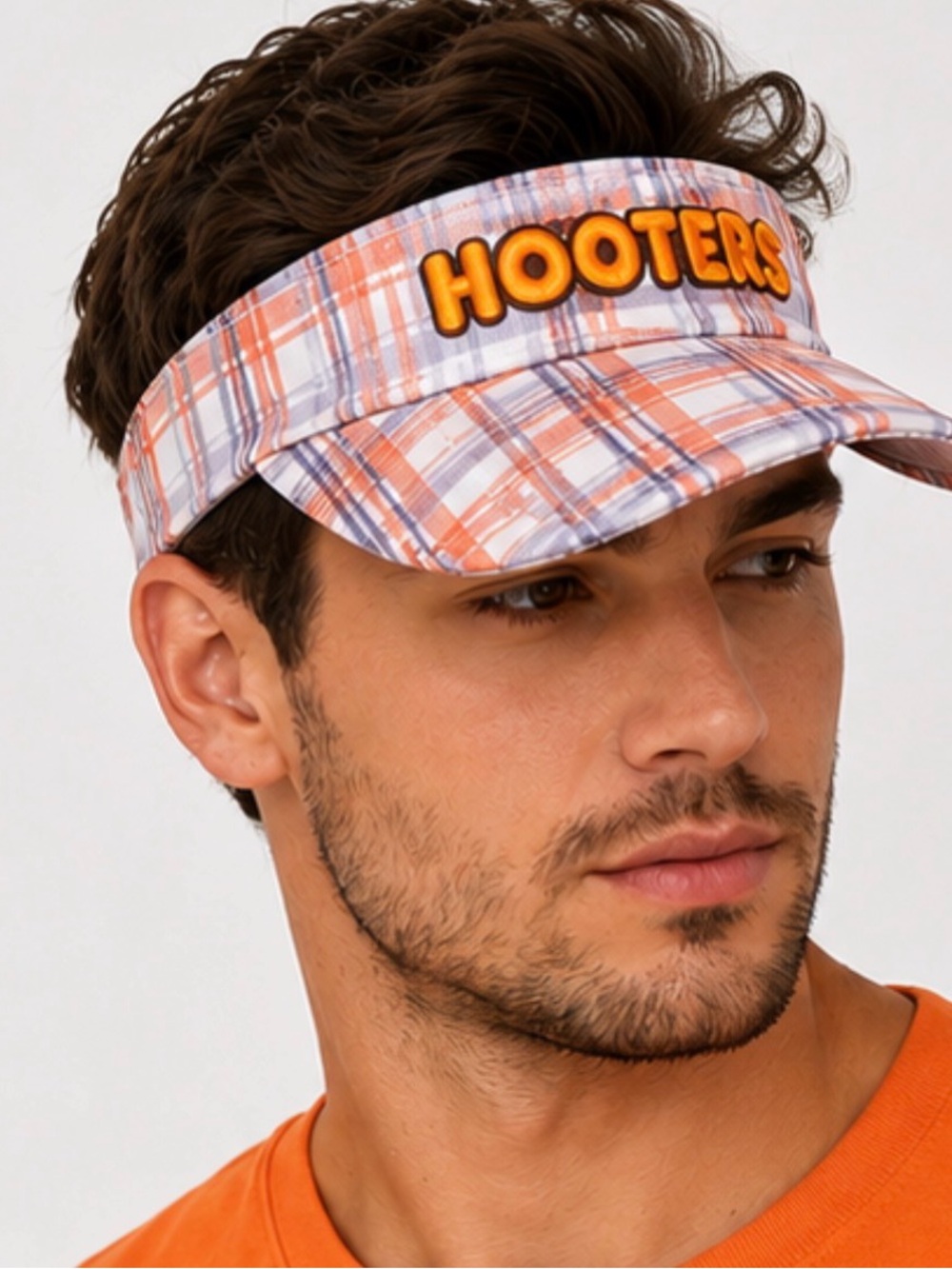 Hooters Plaid Adjustable Visor Hat Orange Embroidered Logo One Size NEW - Picture 3 of 8